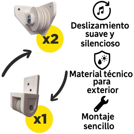 Kit poleas pérgola corredera Teletoldo | 3 poleas nylon con pasador metálico | para cuerda 5-6 mm | recambio pérgola